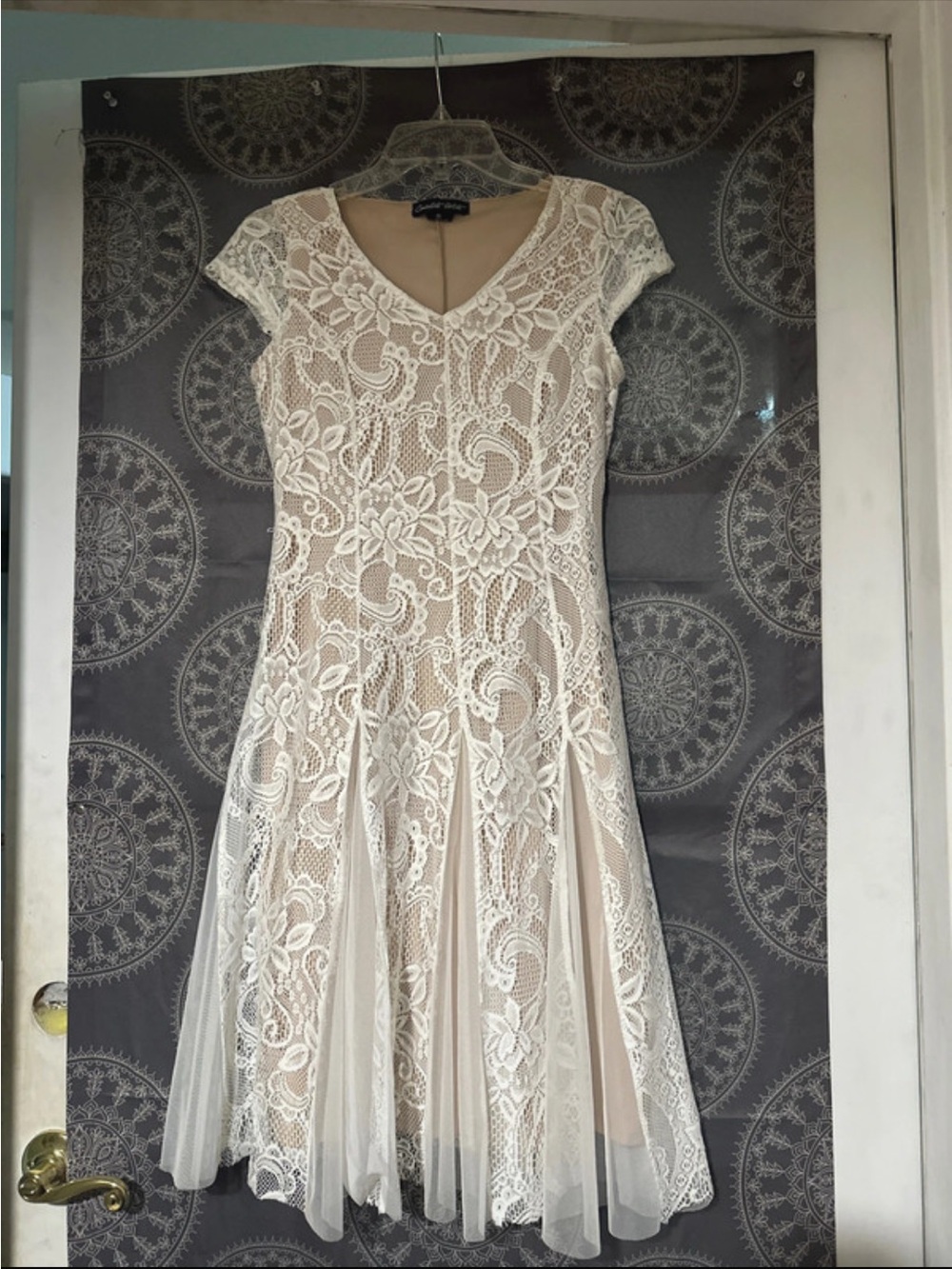 Lace Fit-and-Flare Midi Dress in Ivory